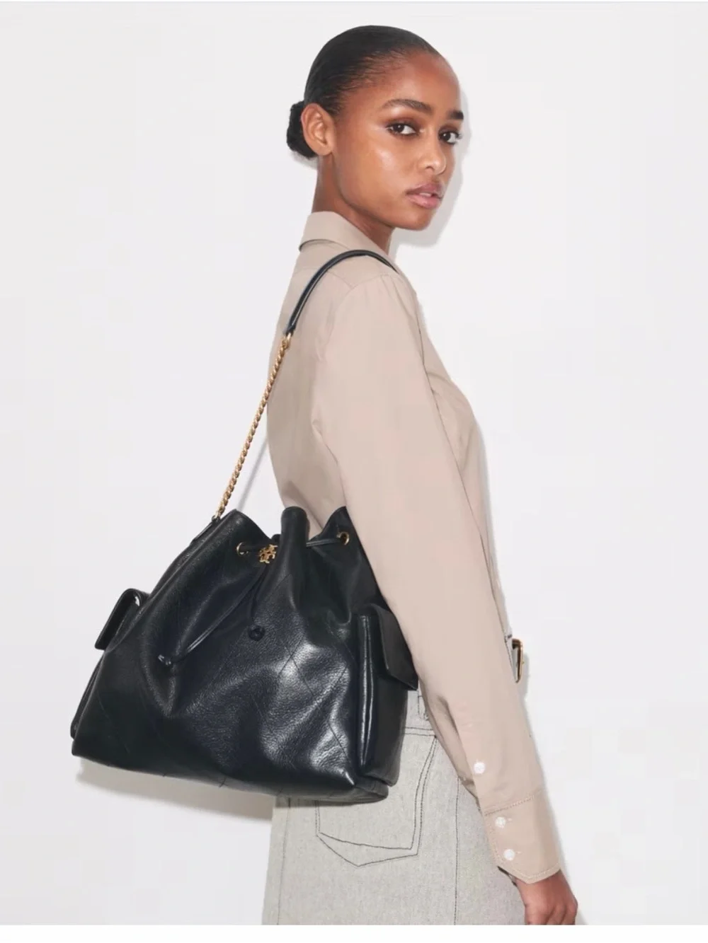 Tory Burch Large Charlie Black Leather Drawstring Shoulder Bag with Gold Chain